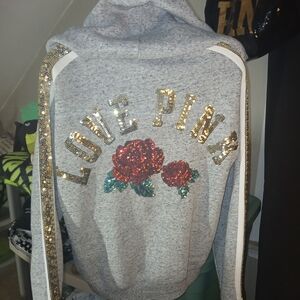 PINK VS Bling Hooded Pullover Gold LOVE PINK and Roses Sequins Applique' EUC